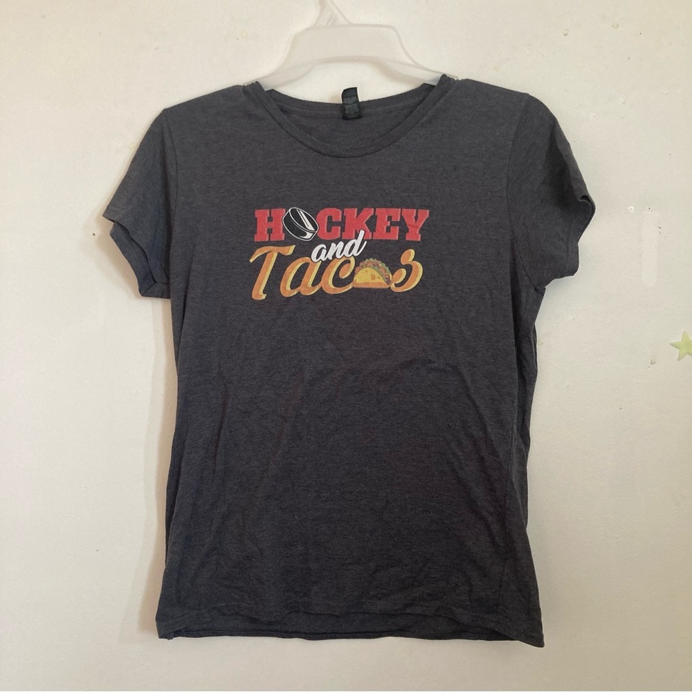 Hockey and Tacos dark grey short sleeved t shirt Anvil size L